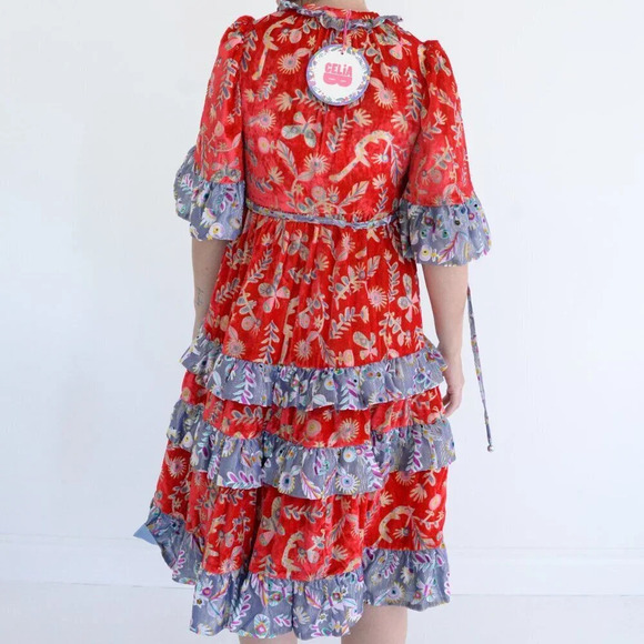 CeliaB Matilda Red Burnout Floral Tiered Ruffle Sleeve Midi Dress XS NWT - Picture 3 of 11